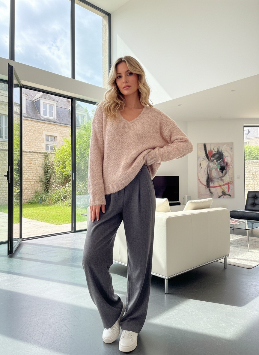 Wholesaler LAFÉEROSE - LANA LANA LONG-SLEEVED V-NECK SWEATER IN CURLY WOOL, IN TOWEL WOOL