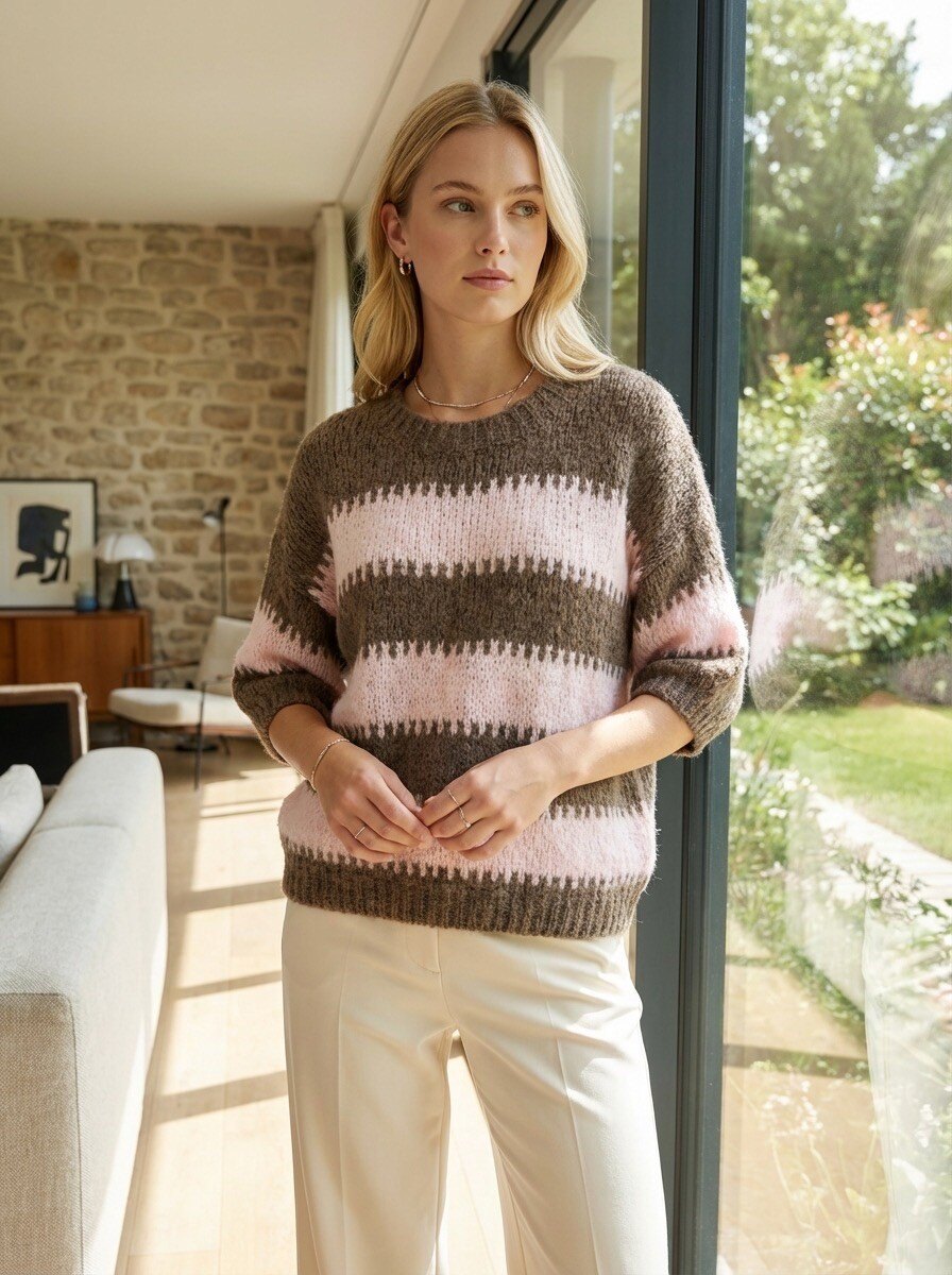 Grossiste LAFÉEROSE - Pull en laine à rayures bicolore col rond manches 3/4
