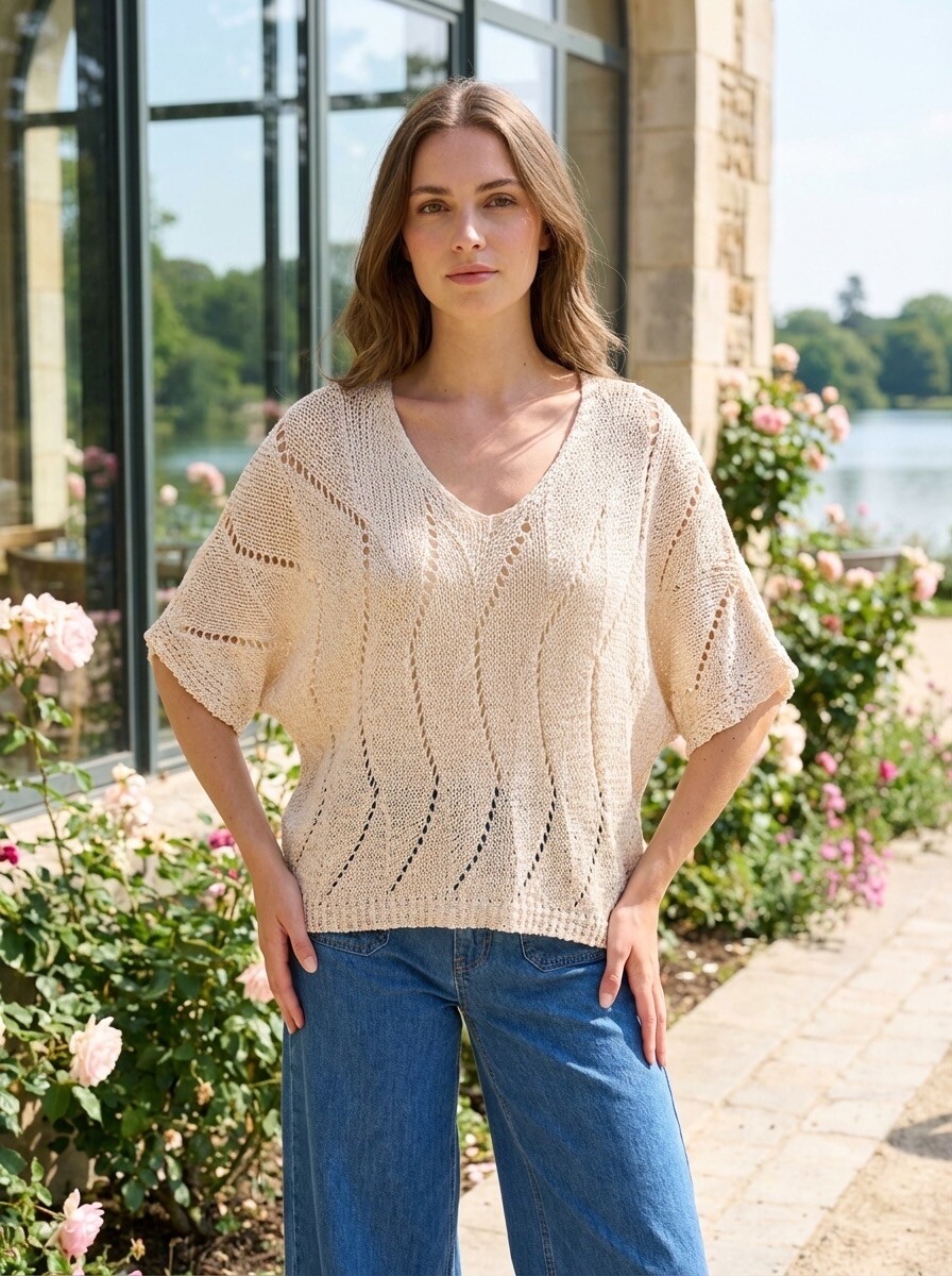 Grossiste LAFÉEROSE - Pull en crochet en coton tout doux col V ample et évasé oversize bohème