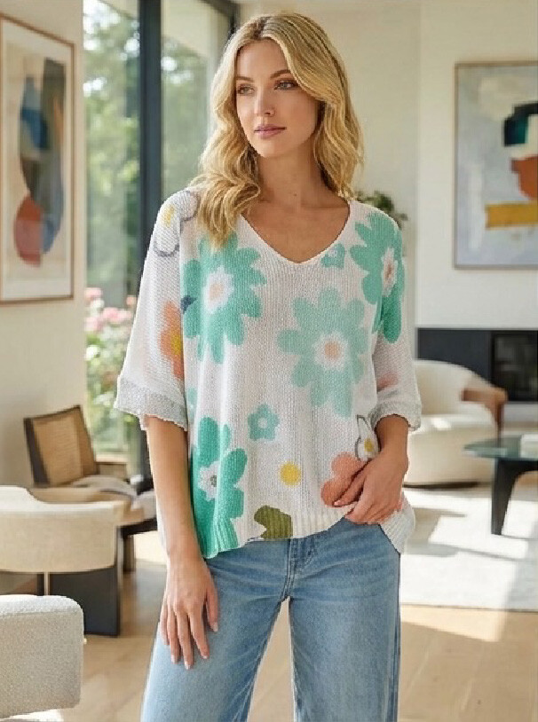 Wholesaler LAFÉEROSE - V-neck crochet sweater with oversized printed viscose