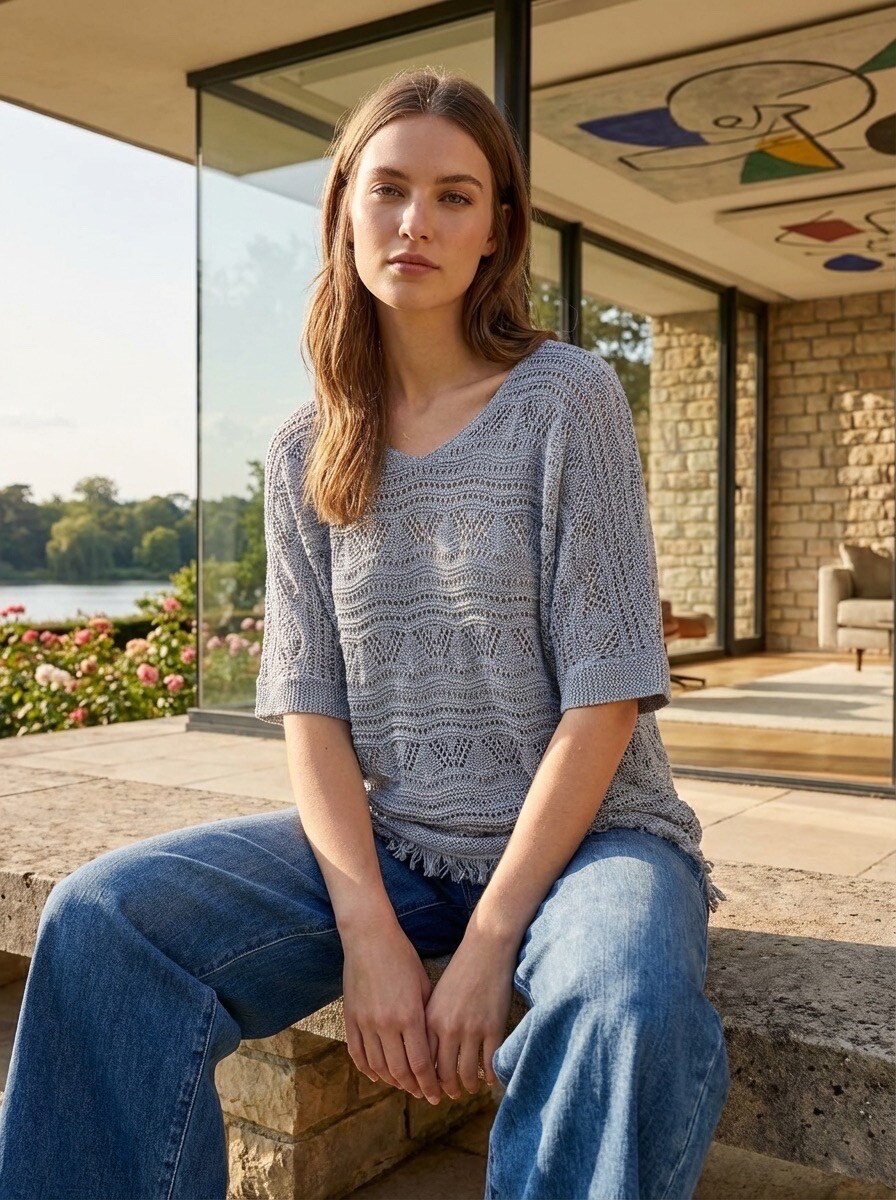 Grossiste LAFÉEROSE - Top pull en crochet broderies à col V manches courtes 3/4 évasés  bohème
