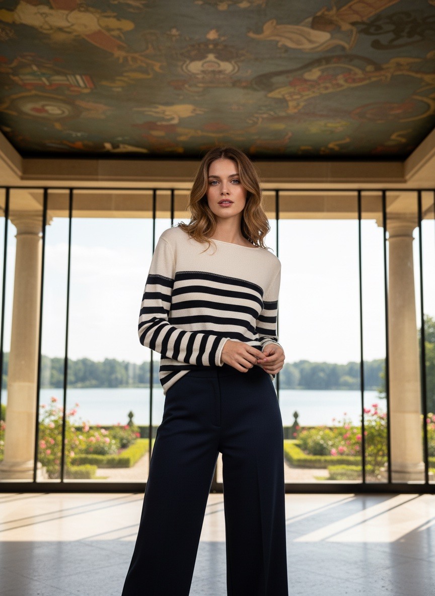 Großhändler LAFÉEROSE - Fluid feiner Blitzpullover in Viskose mit langen Hals mit Marinin gestreift