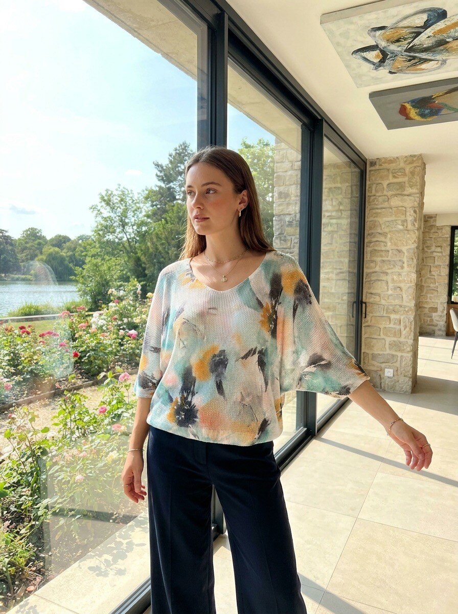 Grossiste LAFÉEROSE - Top - Pull en crochet a imprimé fleuri colorés en viscose  manches 3/4 évasé