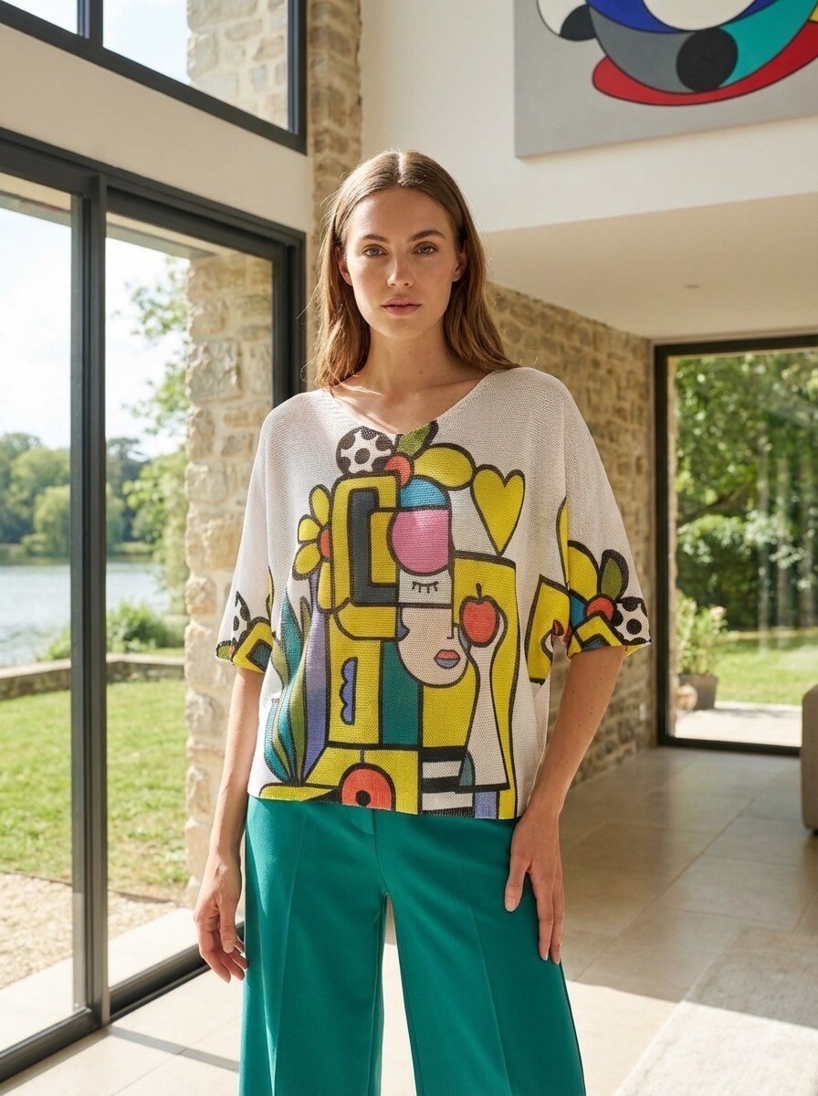 Großhändler LAFÉEROSE - Top - Häkeln solcher V -Neck V hat Kunst in übergroßer Freizeitviskose farbig gefärbt