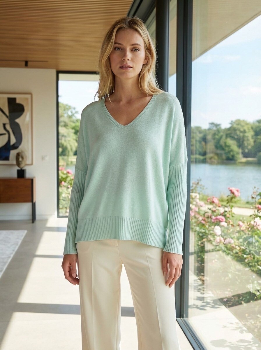 Grossiste LAFÉEROSE - Pull fin léger en modal doux col V à manches longues côtelées - fluide é