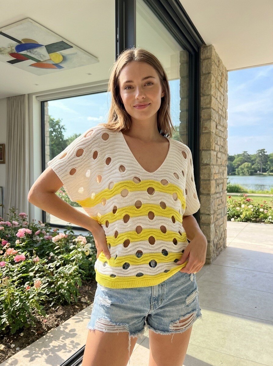 Grossiste LAFÉEROSE - Top Pull crochet en coton col V manches courtes évasées à rayures et ajouré