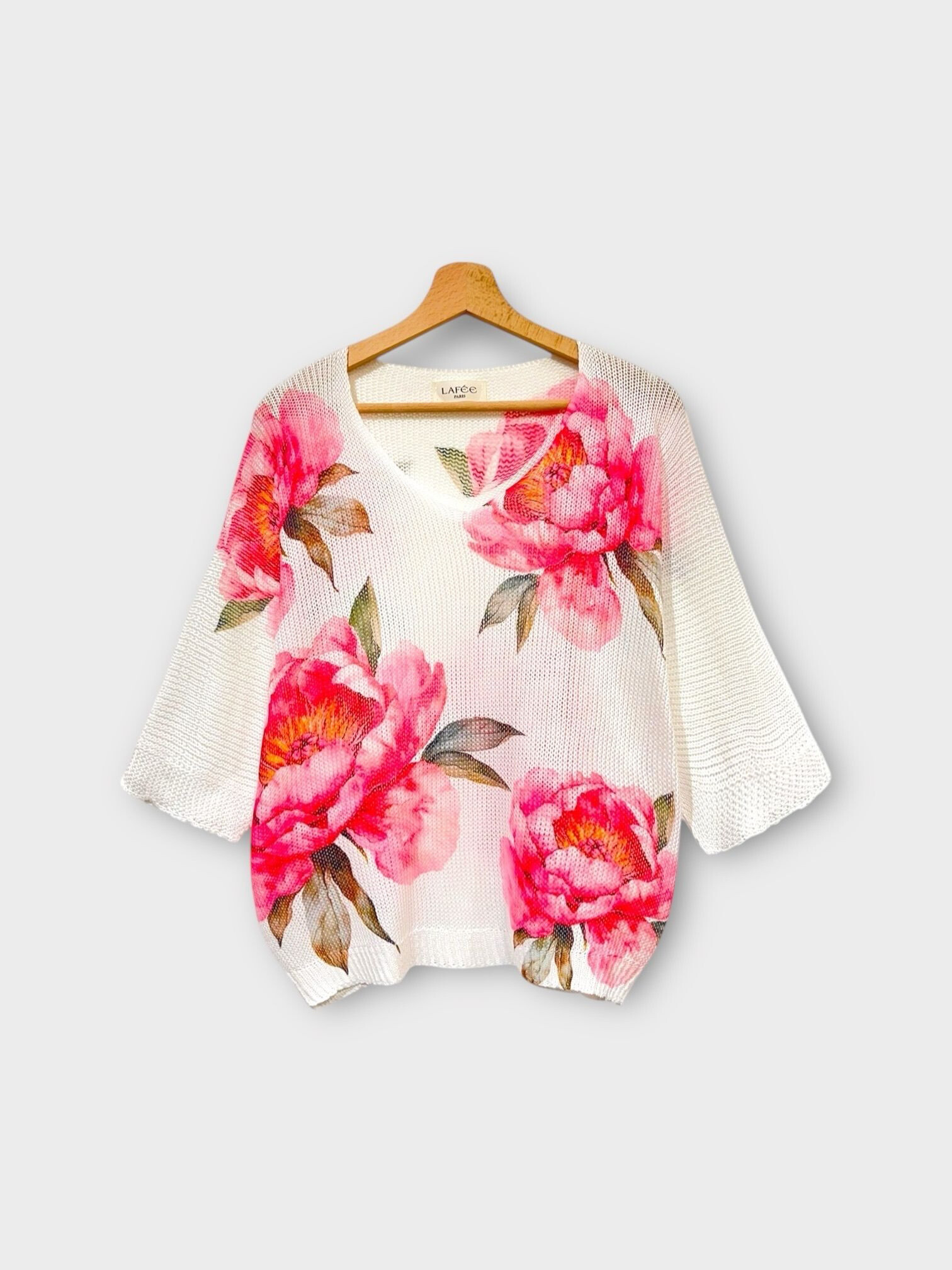 Grossiste LAFÉEROSE - Top - Pull en crochet a imprimé fleuri colorés en viscose  manches 3/4 évasées