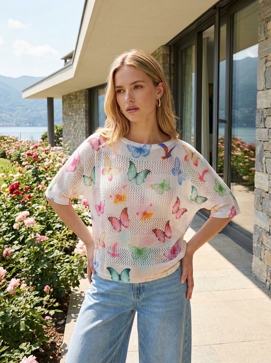 Wholesaler LAFÉEROSE - Round neck crochet sweater with oversized viscose print