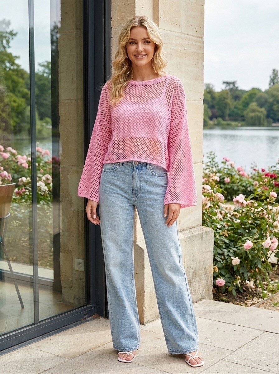 Grossista LAFÉEROSE - Top -pull all'uncinetto in cotone con maniche svasate a svalutazione collo rotondo - boemia casual