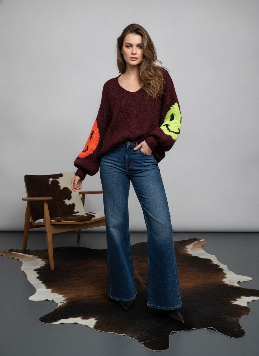 Grossista LAFÉEROSE - Maglione di lana oversize Smiley V -Ceck v maniche lunghe