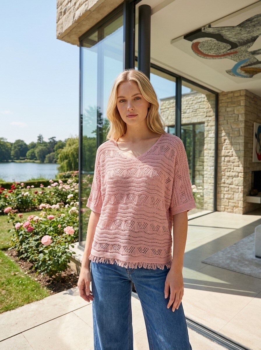 Grossiste LAFÉEROSE - Top pull en crochet broderies à col V manches courtes 3/4 évasés  bohème