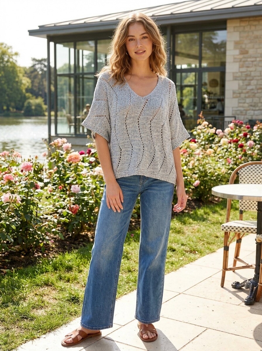 Grossiste LAFÉEROSE - Pull en crochet en coton tout doux col V ample et évasé oversize bohème