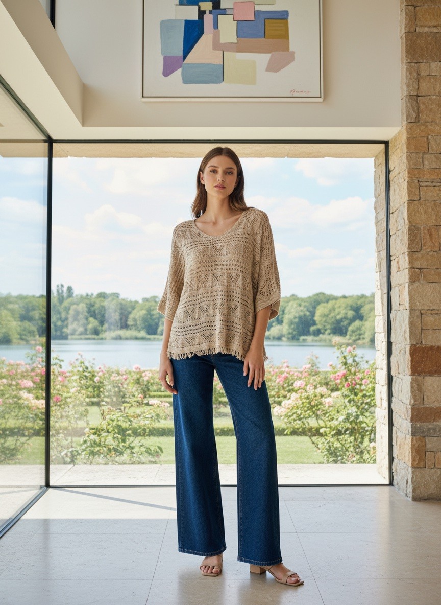 Grossiste LAFÉEROSE - Top pull en crochet broderies à col V manches courtes 3/4 évasés  bohème