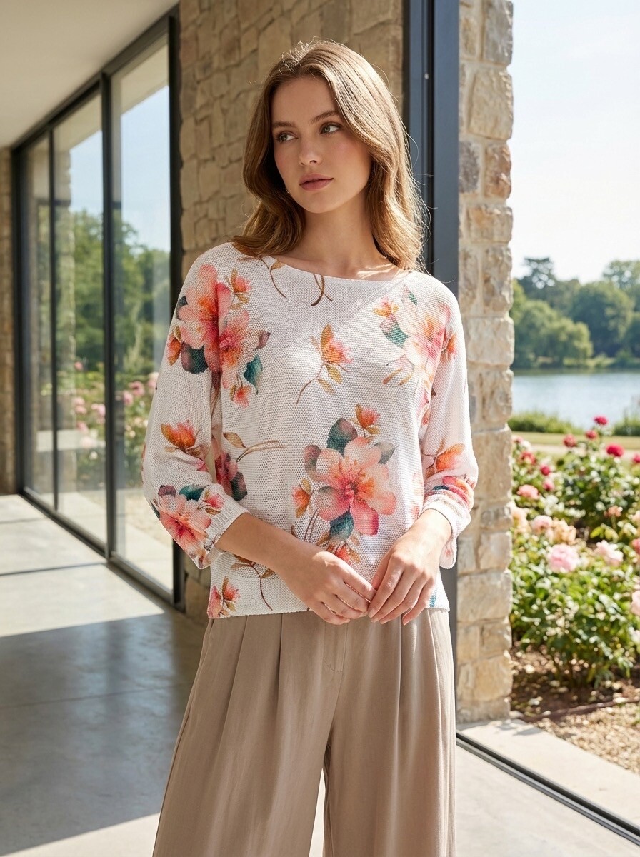 Wholesaler LAFÉEROSE - Top - Crochet sweater has flower print colored in 3/4 flared viscose sleeves