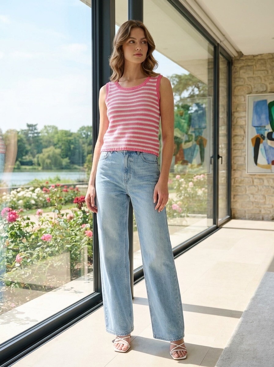 Grossiste LAFÉEROSE - Top Débardeur Pull en crochet coton col rond sans manches à rayures