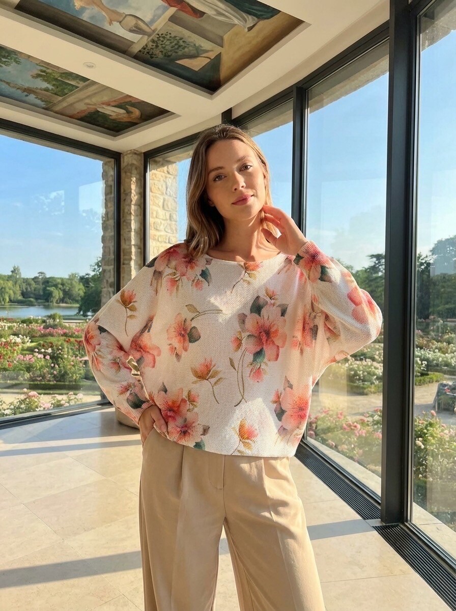 Grossiste LAFÉEROSE - Top - Pull en crochet a imprimé fleuri colorés en viscose  manches longues