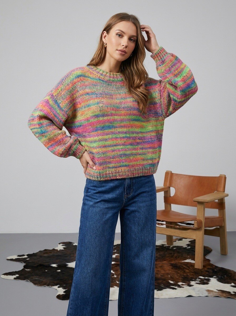 Großhändler LAFÉEROSE - Regenbogenstrickpullover aus Wolle und Viskose mit Rundhalsausschnitt und langen Ärmeln