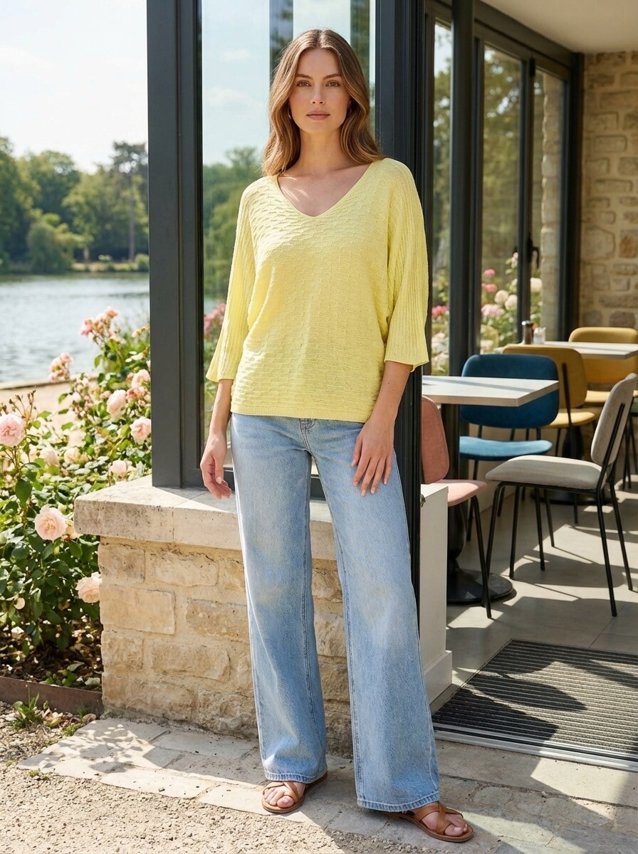 Wholesaler LAFÉEROSE - Top Fine Sweater Light Fluid In Modal V -neck 3/4 Sleeve with hook tiles