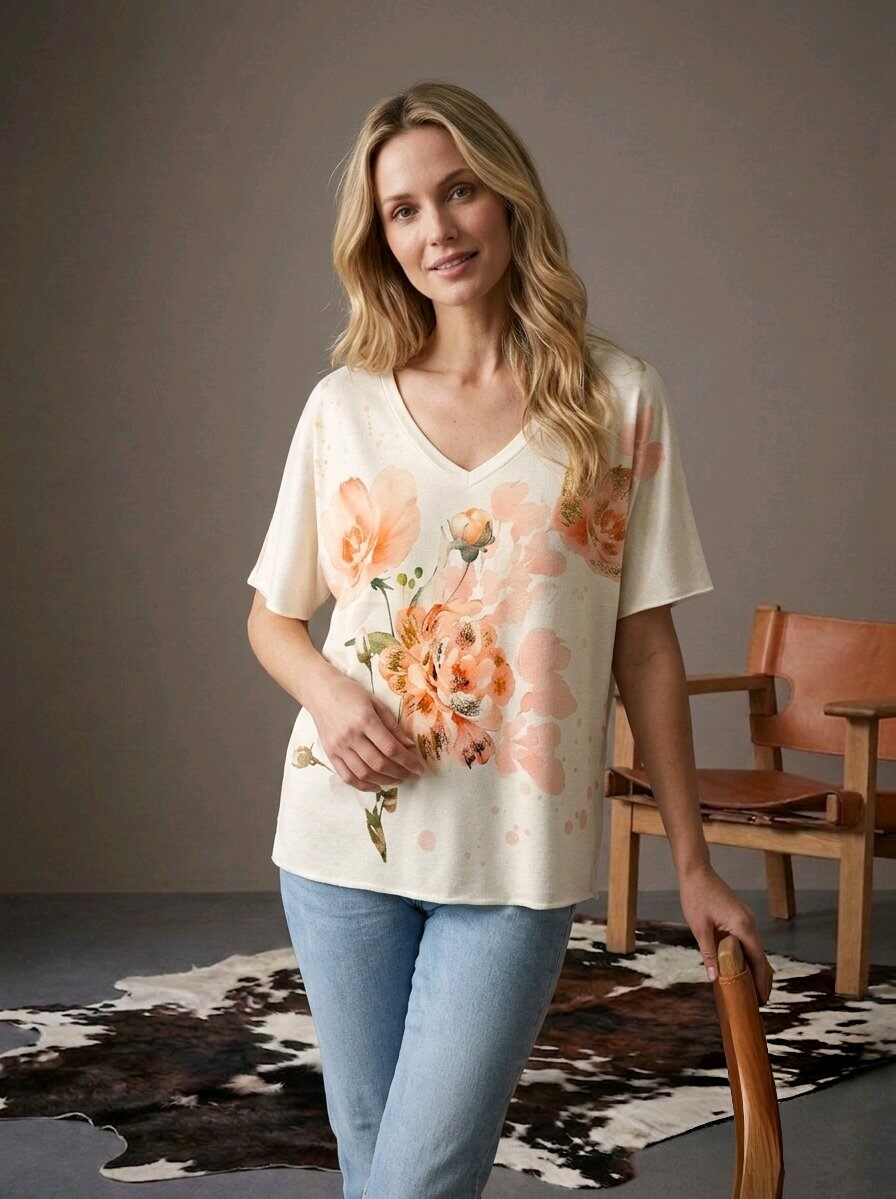 Grossiste LAFÉEROSE - Pull t-shirt en viscose doux léger évasé imprimé fleurs col V manches courtes