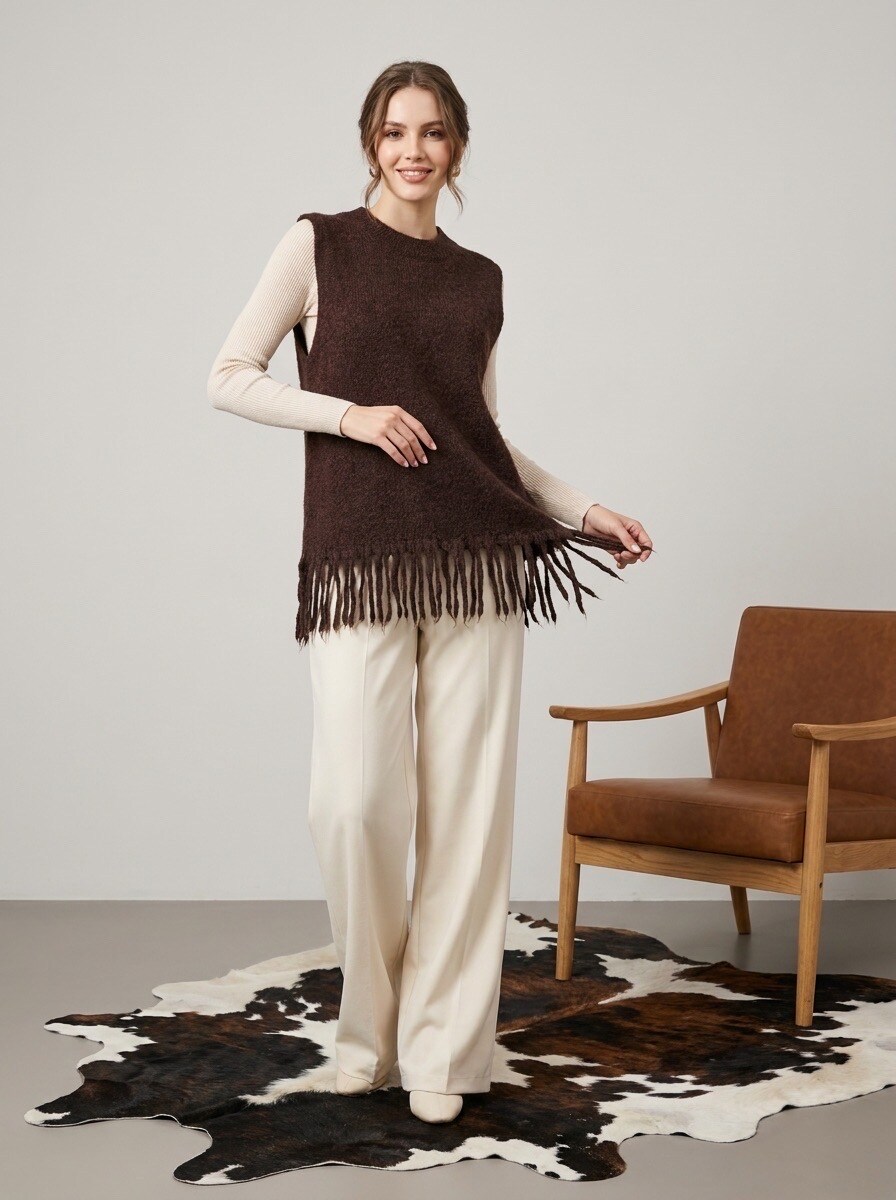 Grossiste LAFÉEROSE - Pull doux sans manches à franges en 40% mohair et 10% laine