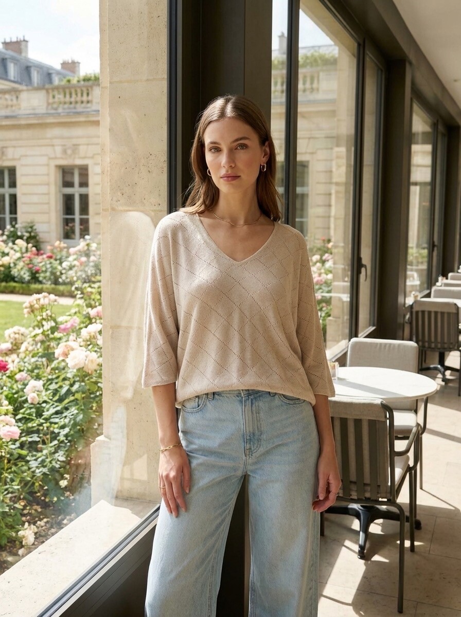 Mayorista LAFÉEROSE - Top Sweater Fine Light Fluid in Modal V -neck 3/4 manga con baldosas de gancho