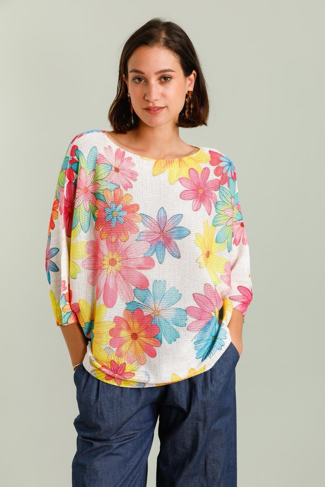 Wholesaler LAFÉEROSE - Top Crochet Pull Viscose Print Flower Flower Sun 3/4 Oversize long sleeves