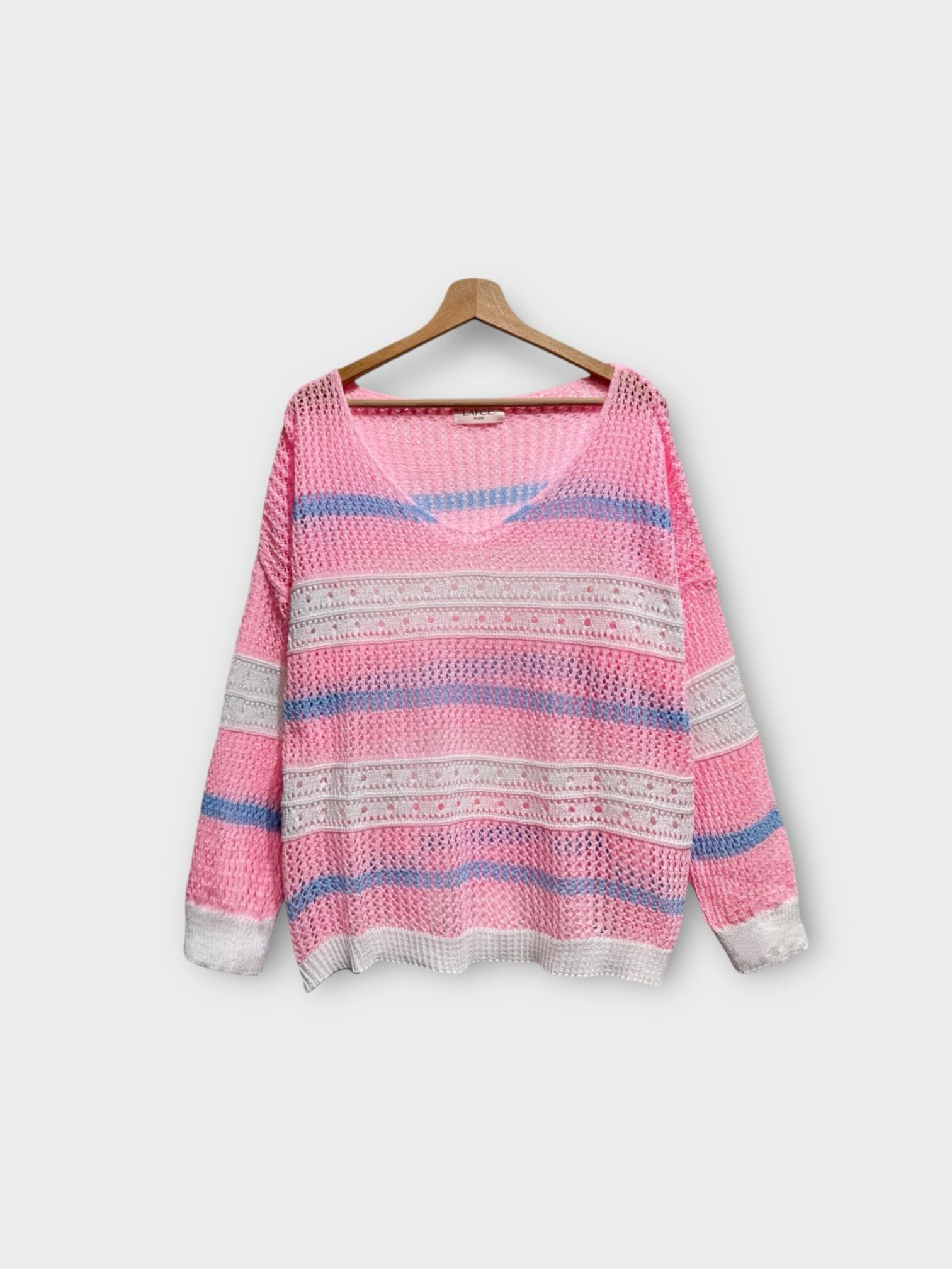 Mayorista LAFÉEROSE - Tirar de crochet de algodón con tricolor V -neck, amplio y acampado