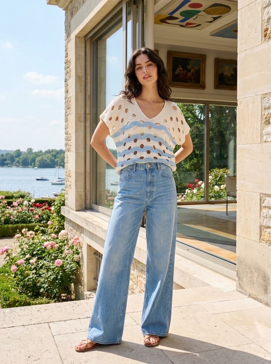 Grossiste LAFÉEROSE - Top Pull crochet en coton col V manches courtes évasées à rayures et ajouré