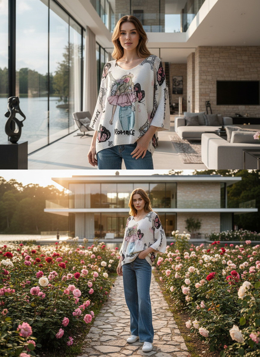 Grossiste LAFÉEROSE - Pull en crochet col V a imprimé en viscose oversize