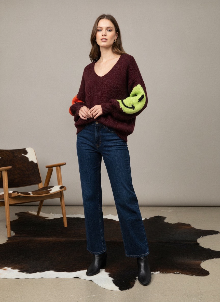 Grossiste LAFÉEROSE - Pull en laine oversize inscription smiley col V manches longues
