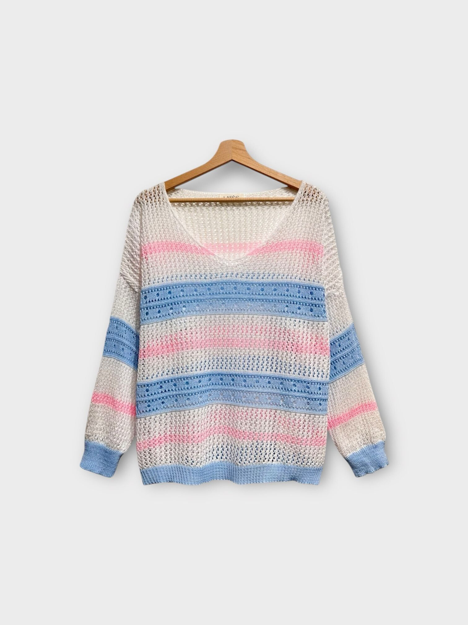 Mayorista LAFÉEROSE - Tirar de crochet de algodón con tricolor V -neck, amplio y acampado