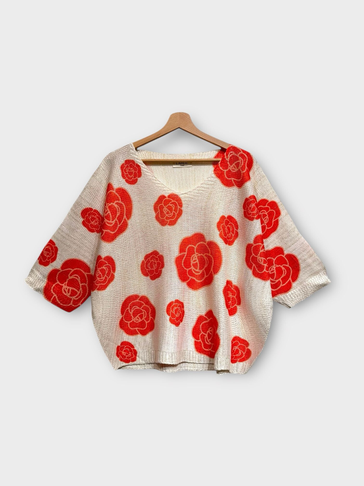 Großhändler LAFÉEROSE - Häkelpullover in bedruckten Viskose 3/4 Ärmel - V -Neck, übergroß