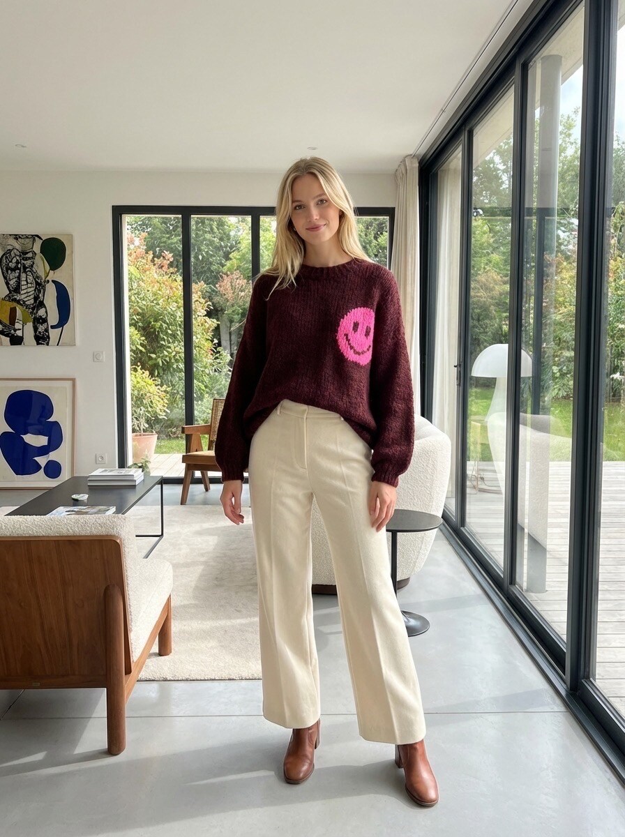 Wholesaler LAFÉEROSE - Soft wool sweater with smiley print and round -collar look back