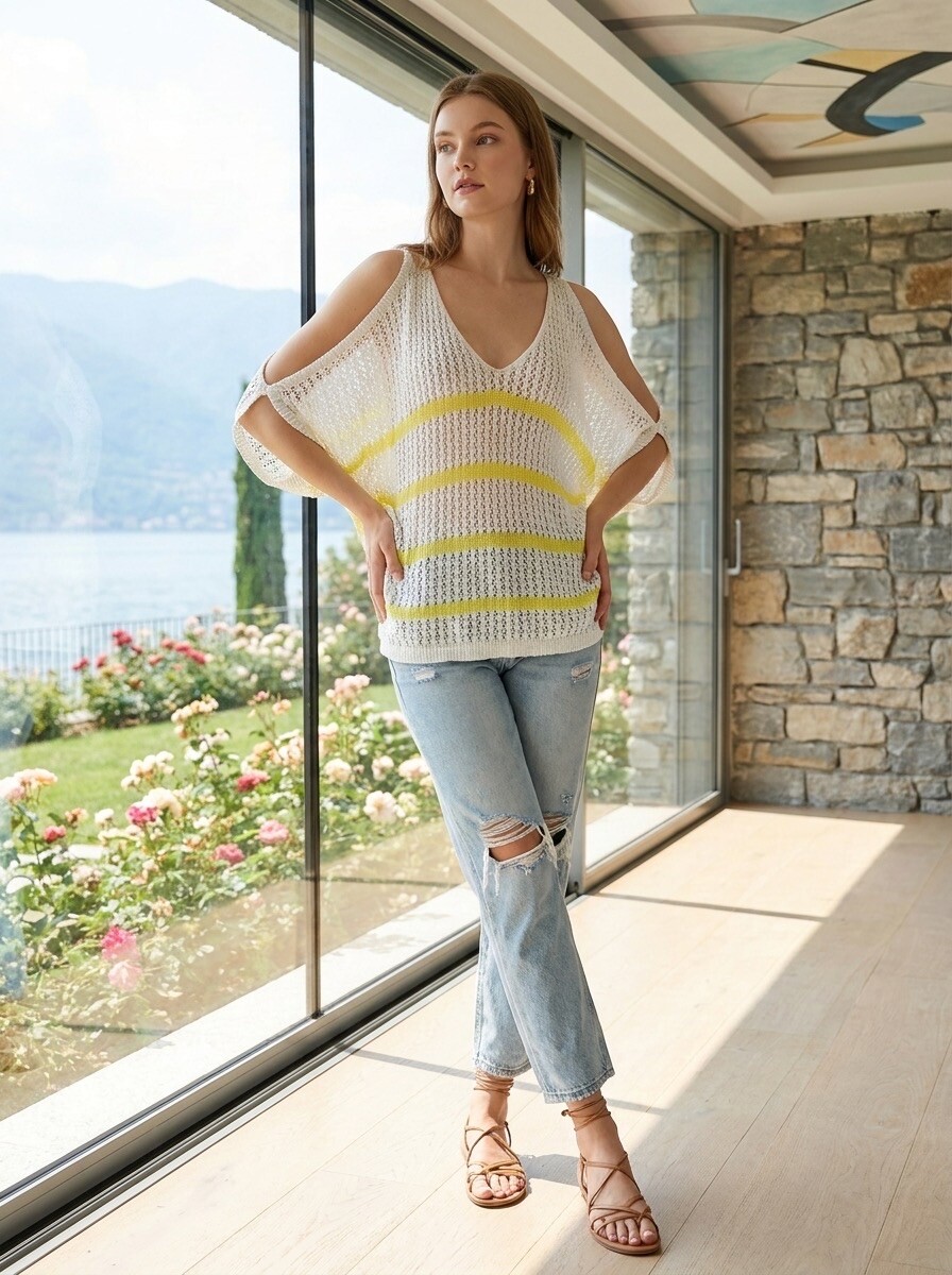 Mayorista LAFÉEROSE - Crochet de algodón superior V -Neck con rayas y hombros abiertos de gran tamaño