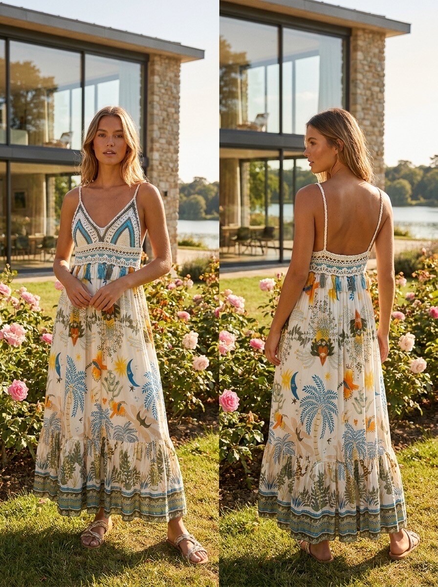 Mayorista LAFÉEROSE - Vestido de fluido de crochet largo y estampado bohemio Viscose