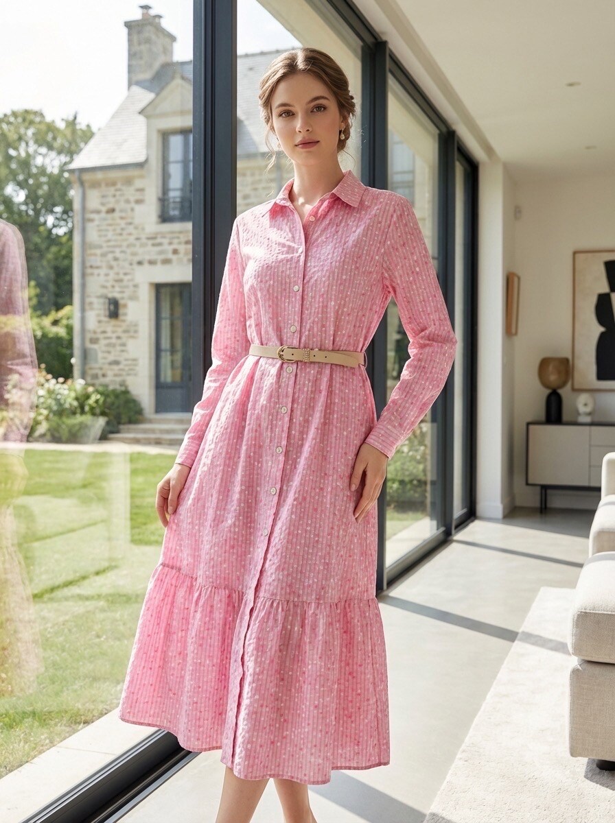 Grossiste LAFÉEROSE - Robe longue à rayures-pois en coton manches longues à ceinture chic-bohème