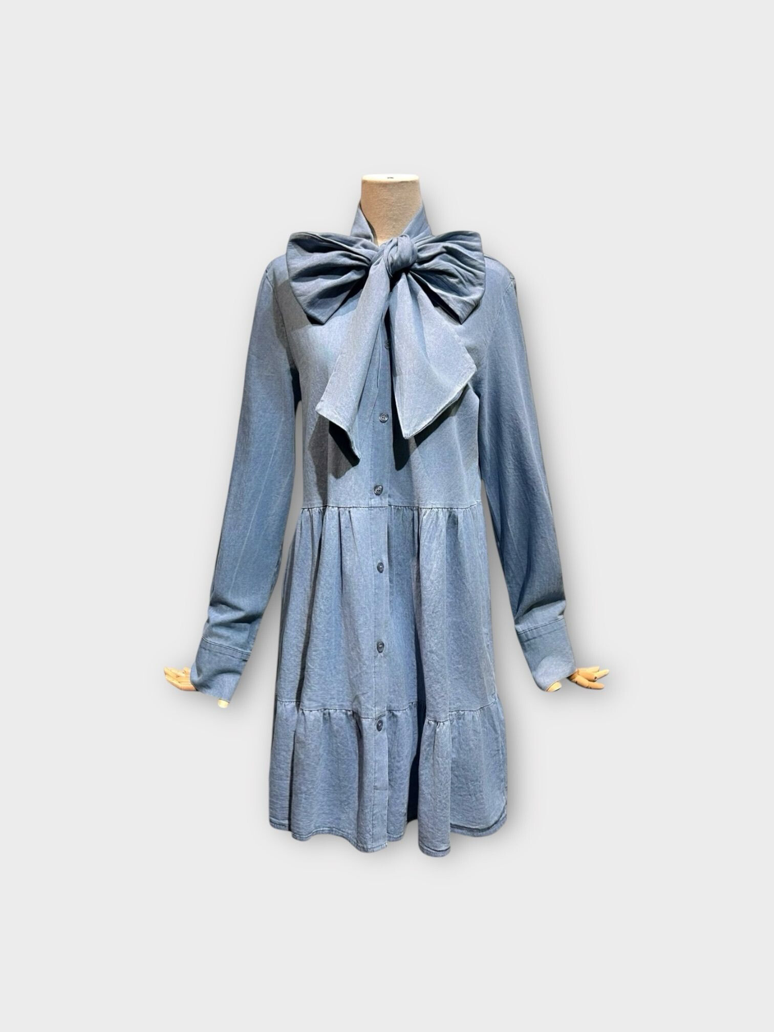 Wholesaler LAFÉEROSE - Mid long cotton dress denim flexible jeans with lavallière knots - bohemian