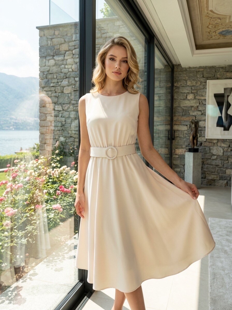 Grossiste LAFÉEROSE - Robe mi-longue fluide et évasée col rond sans manches avec ceinture - chic