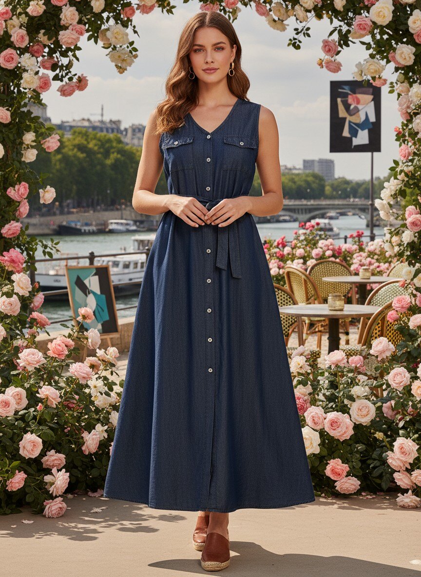 Großhändler LAFÉEROSE - Langes ärmelloses Kleid „Denim Soft“.