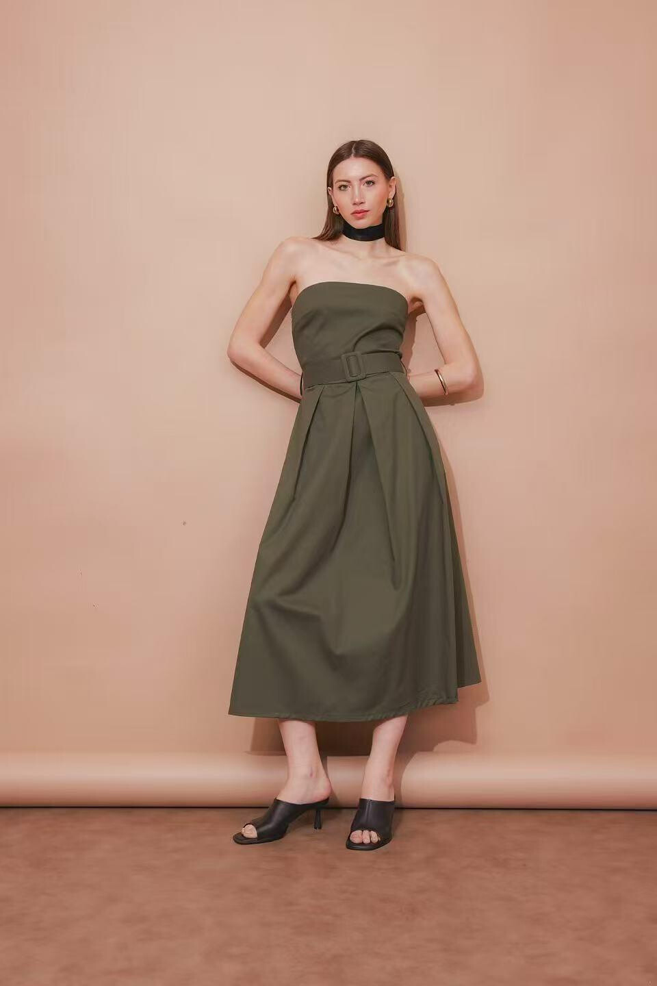 Grossista LAFÉEROSE - Abito bustier in cotone fluido trapezoide su cintura e tasche laterali - chic
