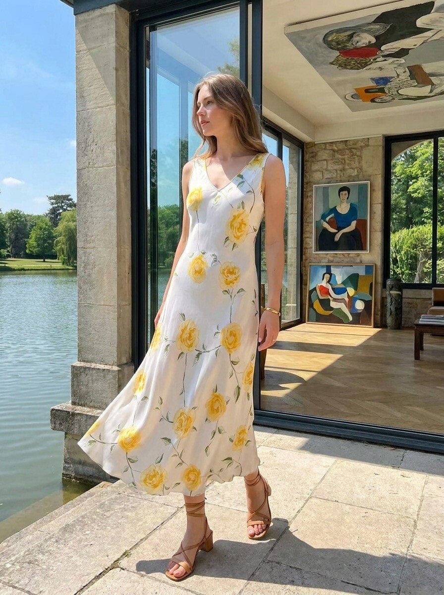 Wholesaler LAFÉEROSE - Long dress 100% in flared fluid viscose V -neck