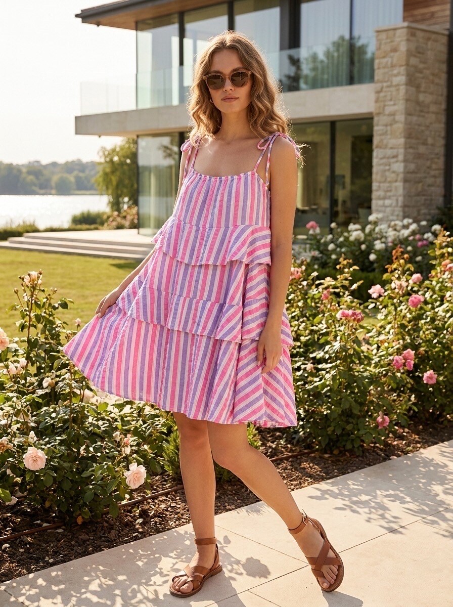 Grossiste LAFÉEROSE - Robe mi-longue en gaze de coton imprimé rayures - bohème