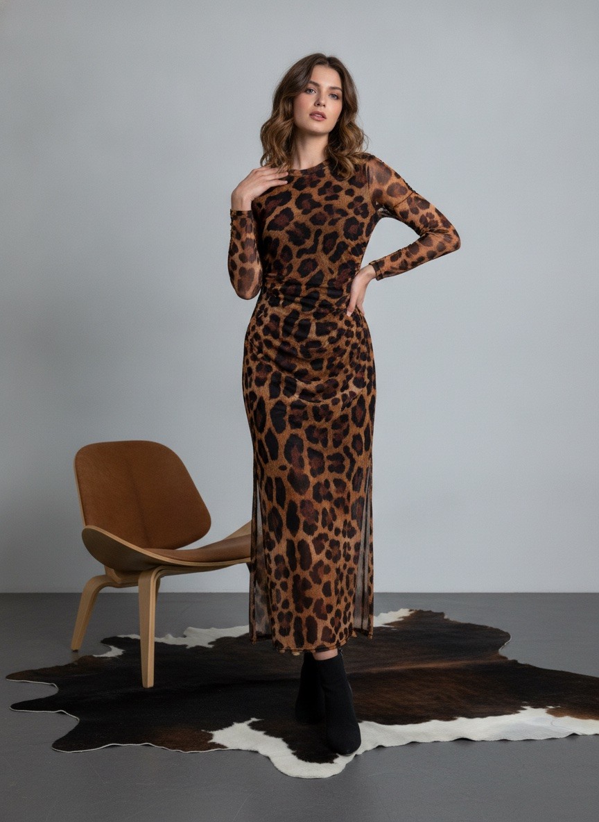 Grossiste LAFÉEROSE - ROBE LONGUE IMPRIME LEOPARD MANCHES LONGUES MOULANTE NEW TENDANCE