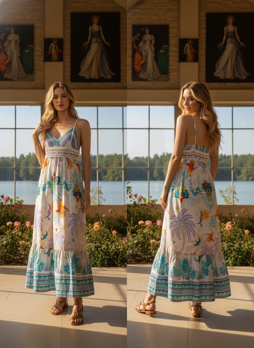 Grossiste LAFÉEROSE - Robe longue fluide en crochet et viscose à imprimé bohème