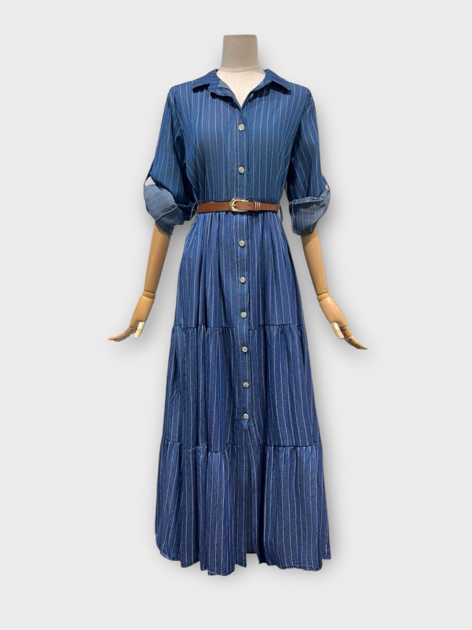 Wholesaler LAFÉEROSE - Long striped dress with belt and buttons, long roll-up sleeves