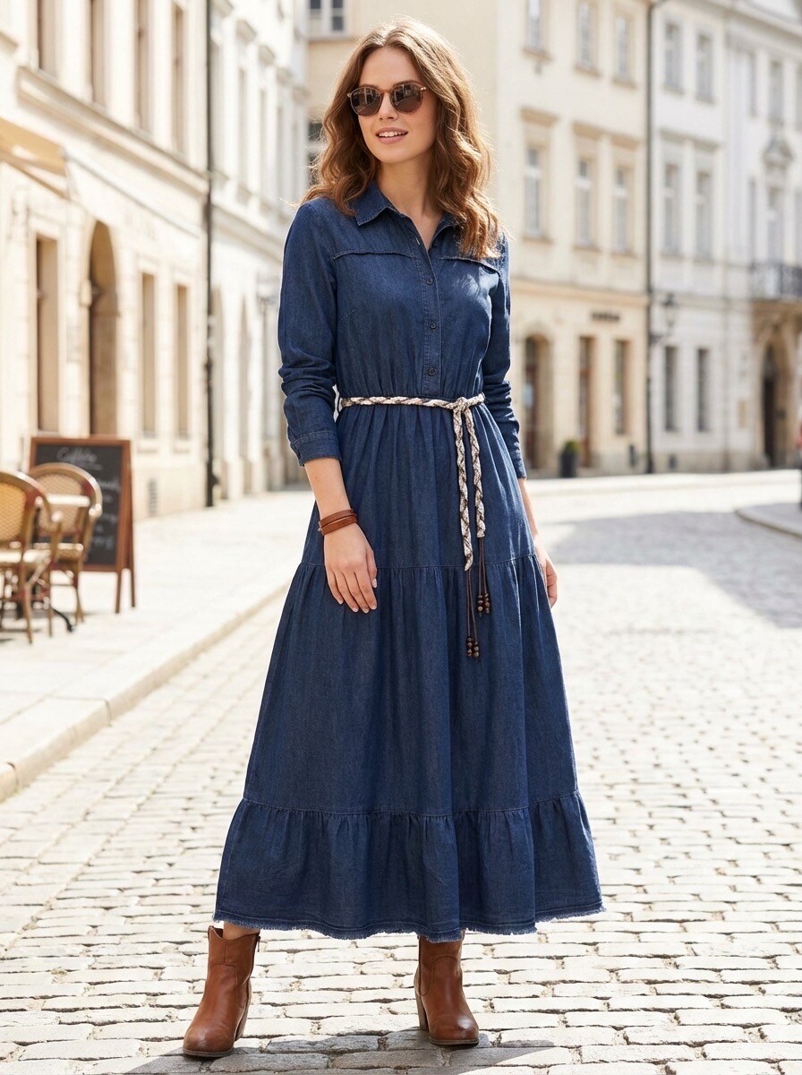 Grossiste LAFÉEROSE - Robe Longue en Jean avec Ceinture