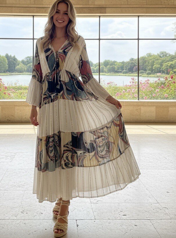 Grossiste LAFÉEROSE - Robe longue maxi en viscose avec noeuds à imprimé bohème chic plage