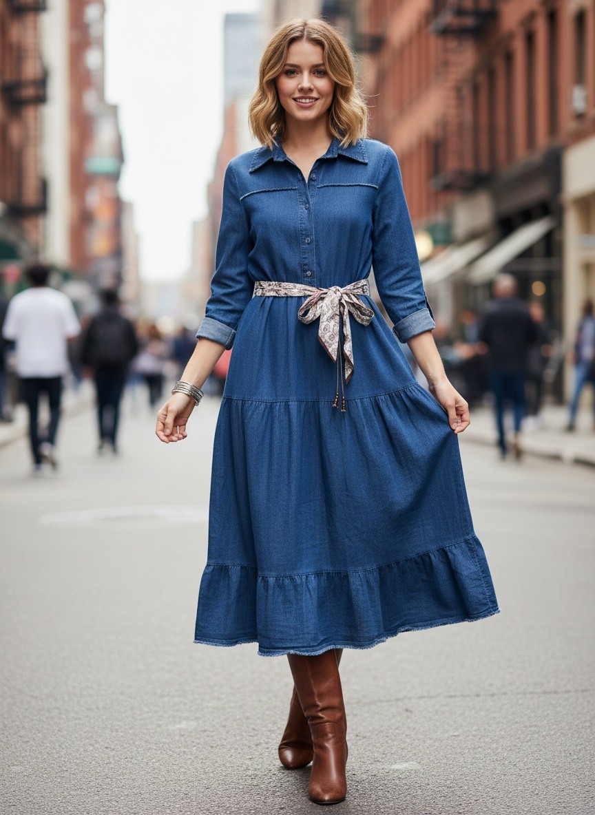 Grossiste LAFÉEROSE - Robe Longue en Jean avec Ceinture