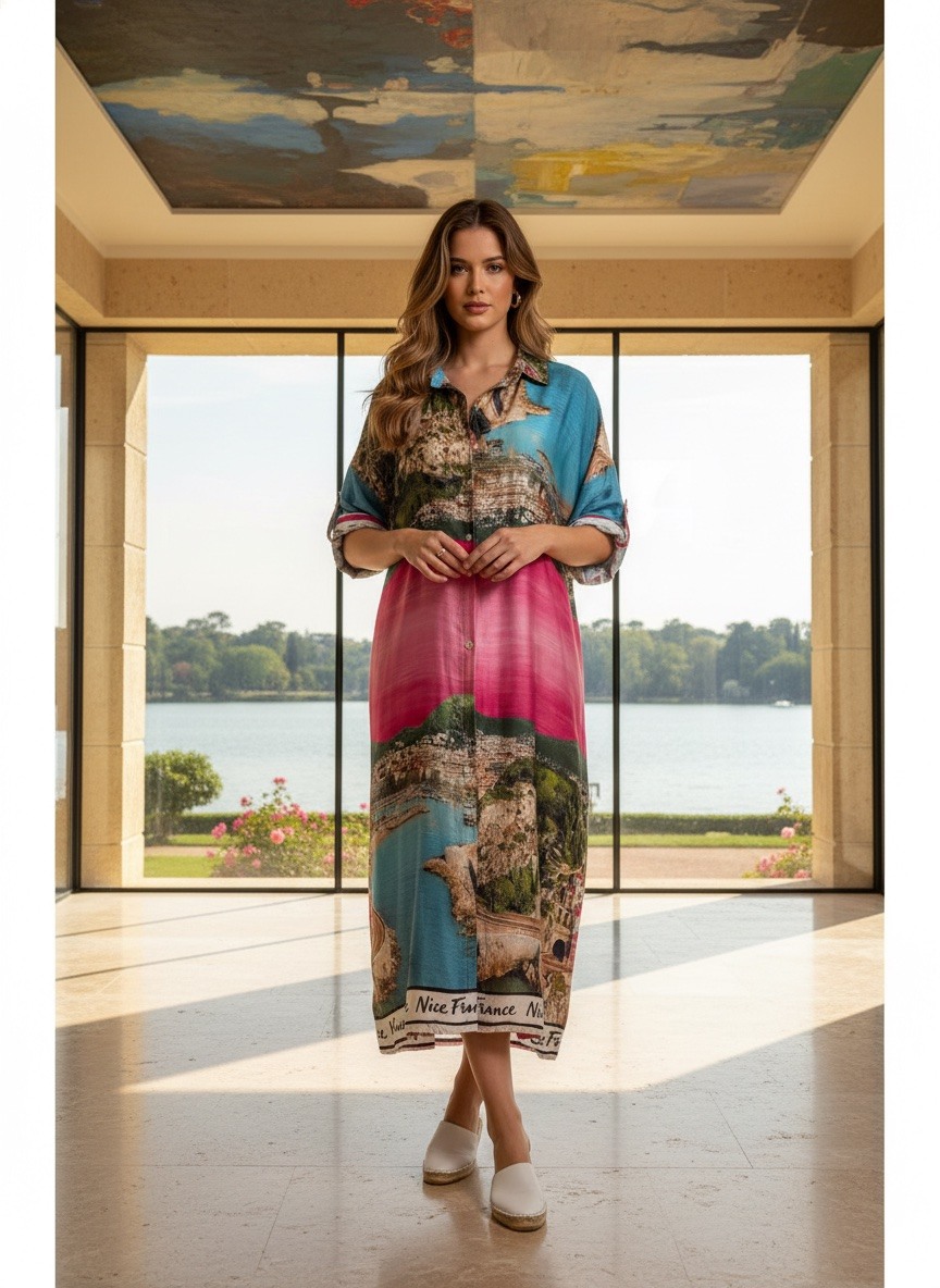 Mayorista LAFÉEROSE - Vestido Camisero Largo con Estampado Riviera Niza Francia