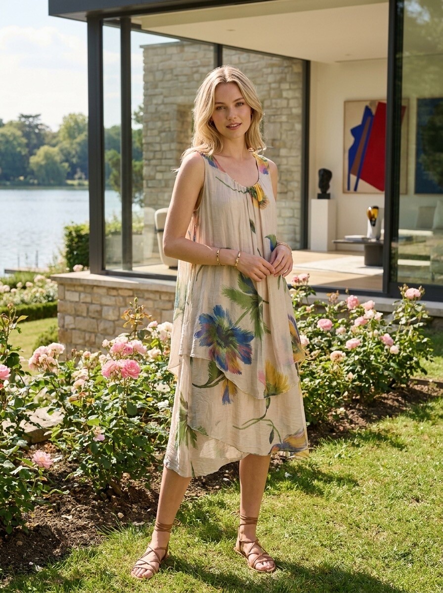 Wholesaler LAFÉEROSE - ASYMMETRICAL SLEEVELESS DRESS WITH FLORAL PRINT